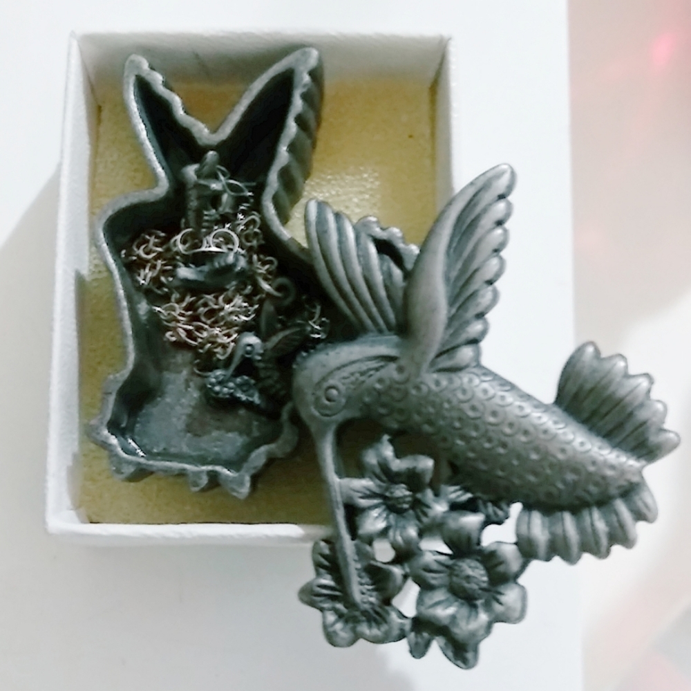 Vintage Torino Pewter Hummingbird Keepsake Trinket Jewelry Box